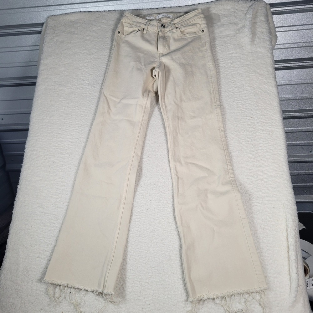 MNG‎ Fiona Flare Jeans Men Size 28 Cream Raw Hem Cotton Blend Mid Rise Denim